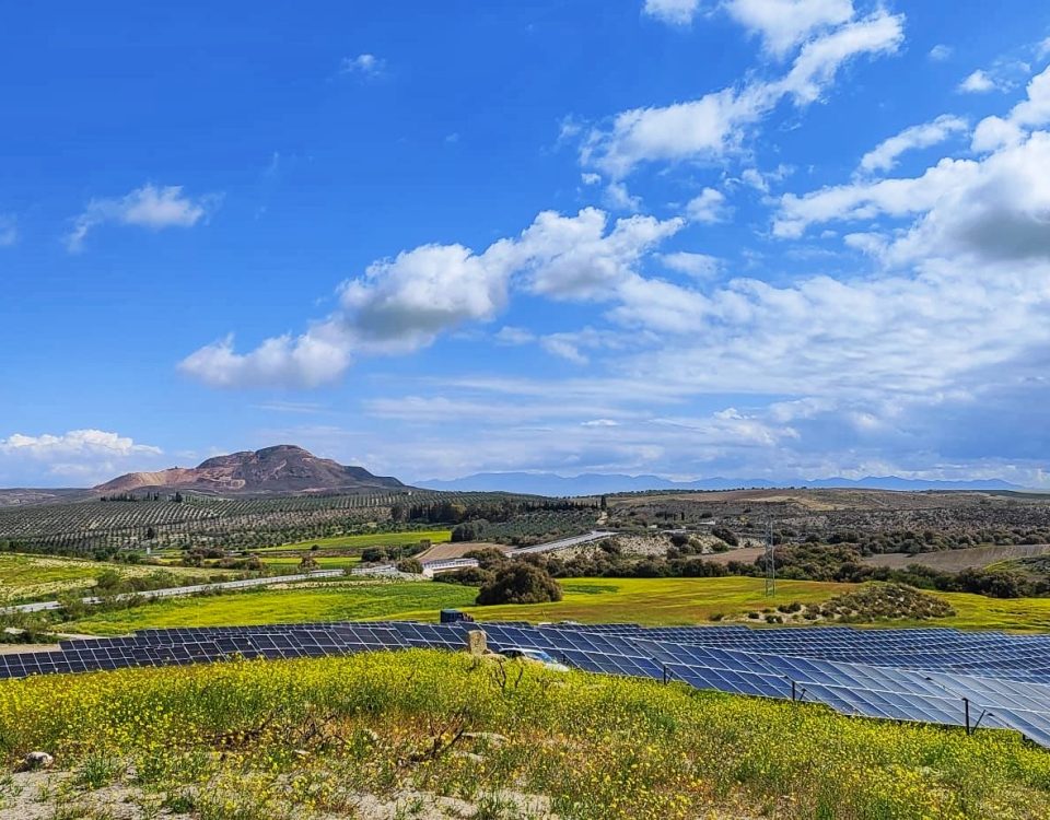 Mountain view with solar panels