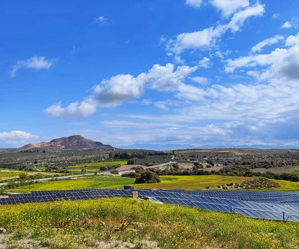 Mountain view with solar panels