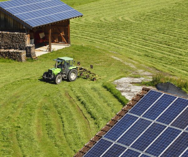 Tractor in field with solar panels on barns.